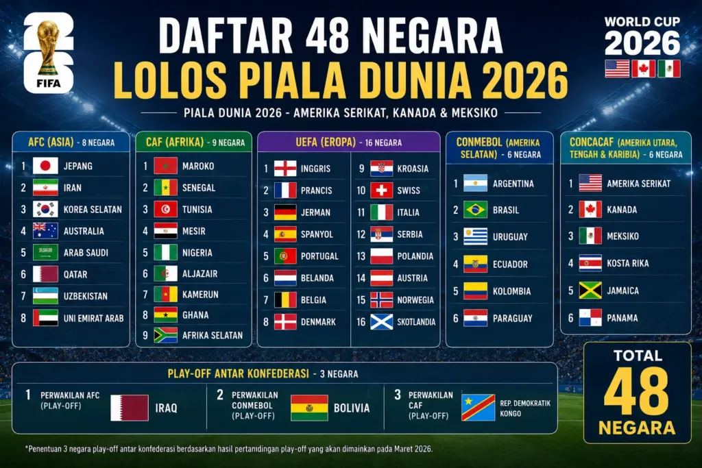 48 negara yang lolos piala dunia 2026
