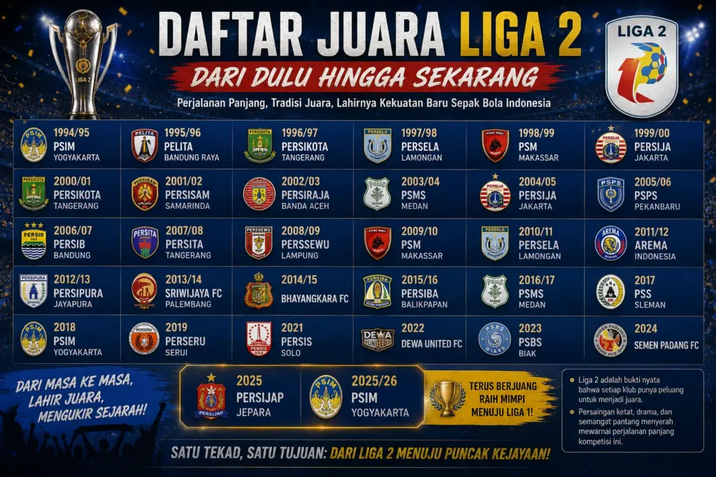 Daftar Juara Liga 2 Indonesia dari Tahun ke Tahun Sampai 2026