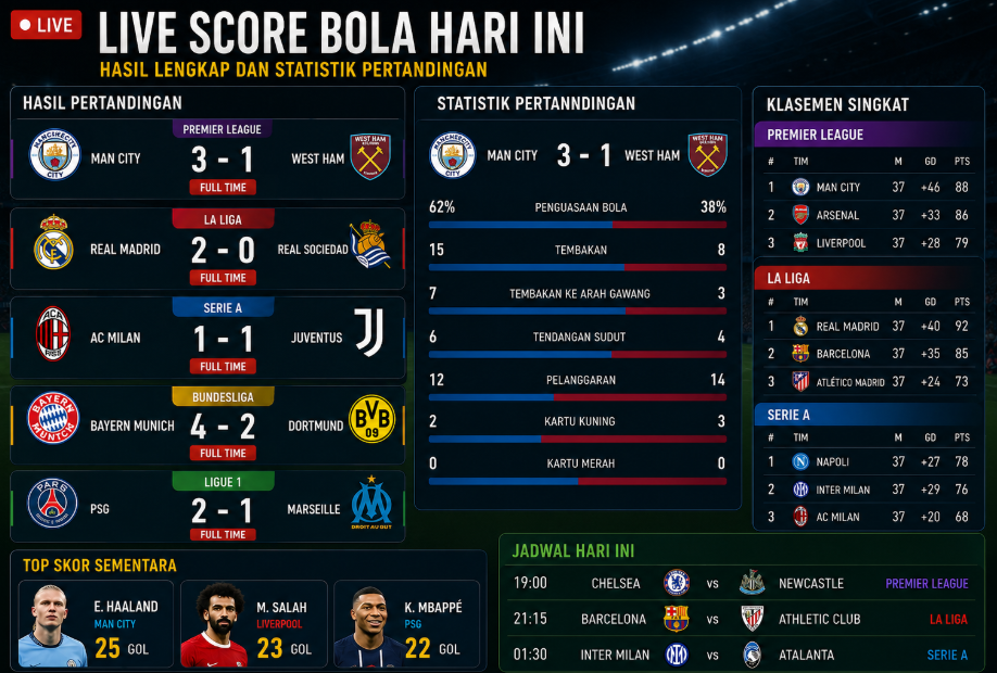 Live Score Bola Hari Ini: Hasil Lengkap dan Statistik Pertandingan