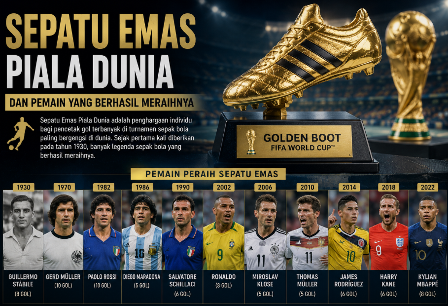 Sepatu Emas Piala Dunia dan Pemain yang Berhasil Meraihnya